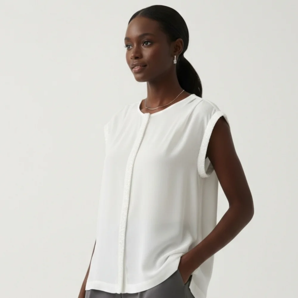 Jennifer Lopez White Beaded Trim Sheer Covered Button Down Blouse Size M - Picture 2 of 7